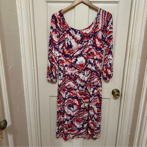 RACHEL PALLY Red, Pink, and Purple Abstract Open Neck Long Sleeve Dress